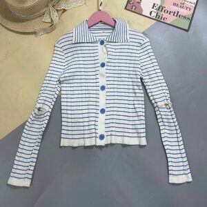 💙 Blue Stripe Ribbed Knit Cardigan Cute Preppy Button Up Top